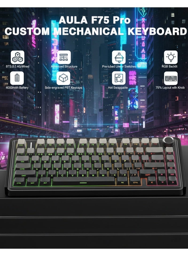 AULA F75 PRO Mechanical Keyboard 75% Wireless Gaming Keyboard Hot-swappable with Washers, RGB Backlighting 5-Layer Pads PBT Keycaps Bluetooth/2.4GHz/USB-C Hot-swappable Keyboard Switch RGB, Reaper Switches Gamer-Specific Keyboard (Gradient Black) - Image 2